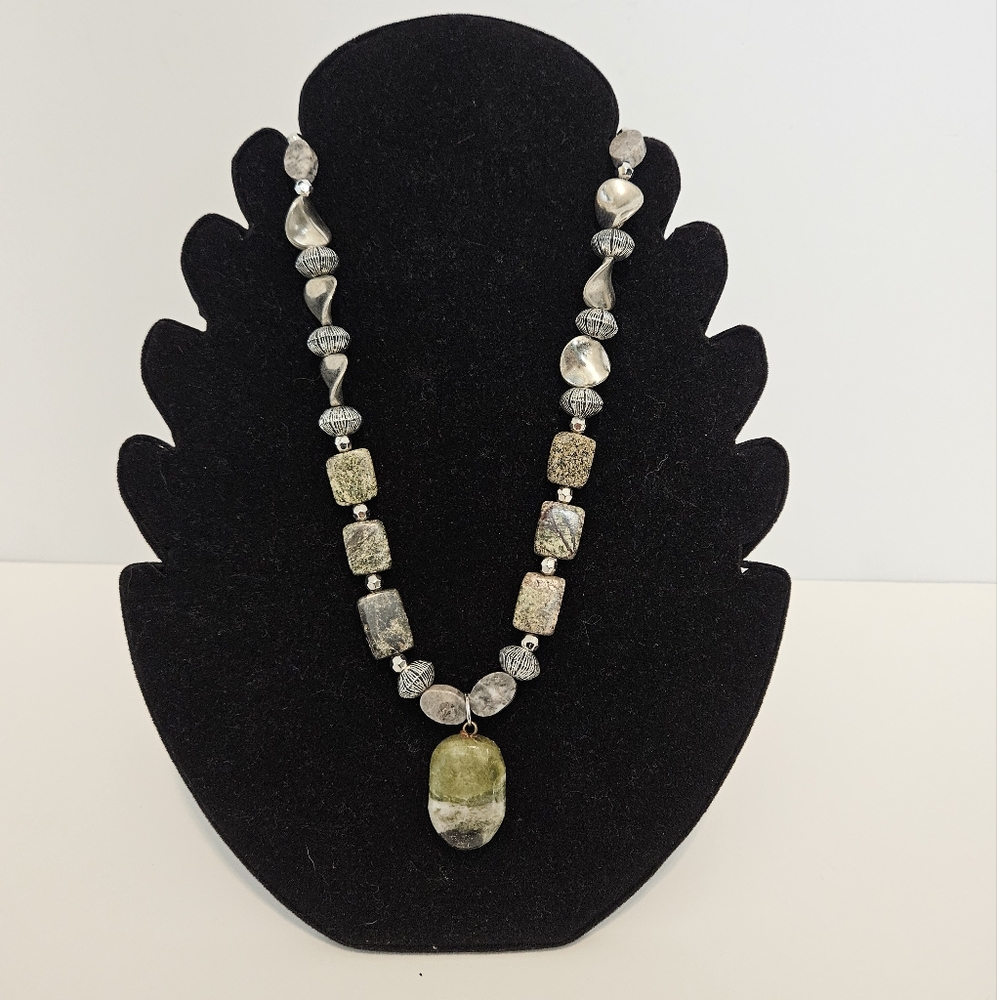 Silver and Green Beaded Necklace with Focal Pendant